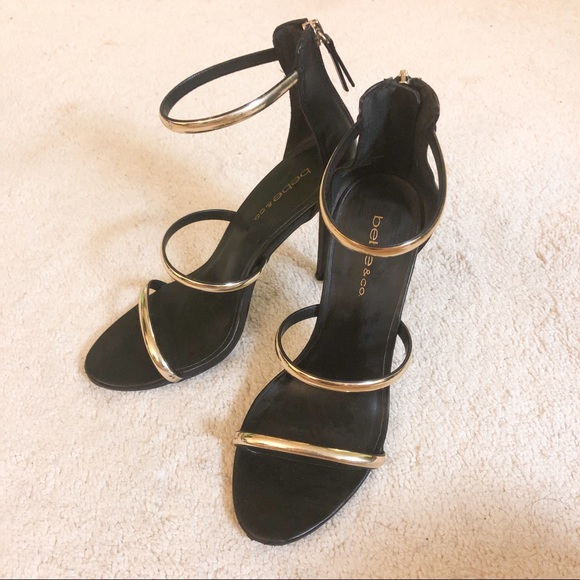 gold three strap heels